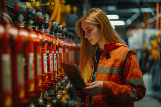 A Young Fire Inspector Checks Fire Extinguishers in an Industrial Setting
