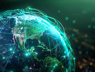 A globe with digital lines wrapping around it, highlighting the concept of global connectivity and internet access, with vibrant blue and green hueshighly details , 8K