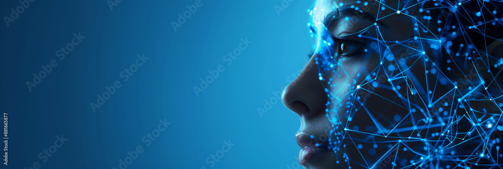 Poster a woman's face illuminated by digital connections in a world of data