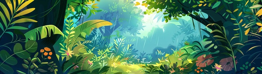 A lush green forest with a diverse range of plants and animals, symbolizing environmental conservation and the importance of protecting natural habitatsvector illustrations