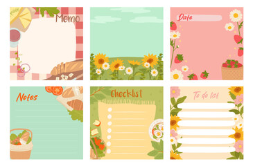 Set of summer picnic memo and stationery vector illustrations, for checklist and to do list