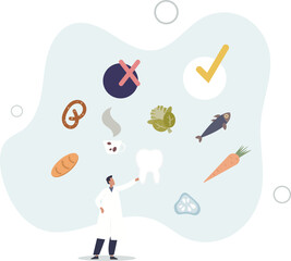 Foods for healthy teeth as educational dental protection.flat design.illustration with people.