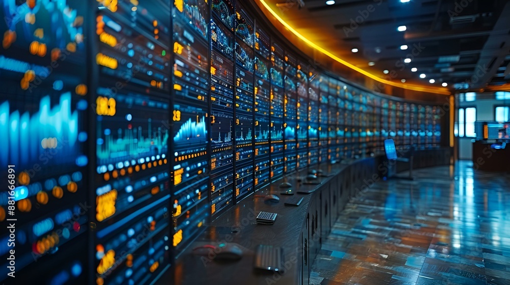 Poster a detailed stock market data display showing various graphs and numbers.