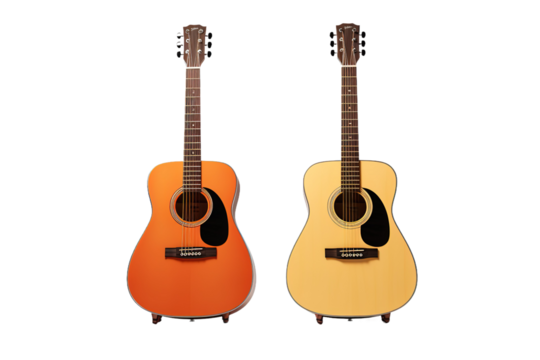Harmony Unveiled: Two Guitars in Perfect Sync on White or PNG Transparent Background.