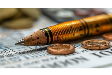  Image of pencil and coins on financial document.