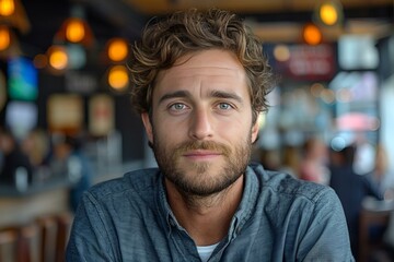 Obraz premium A man with curly hair and a beard looking directly at the camera.