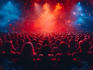 Spectators at a concert bathed in red and blue lights.