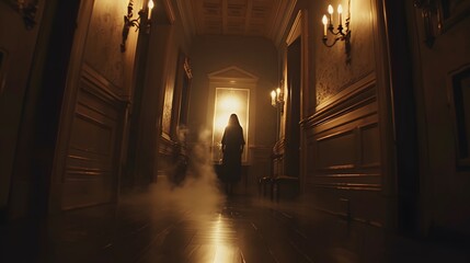 Fototapeta premium A woman in a long black dress walks down a hallway illuminated by a bright light at the end. Fog obscures the surroundings, adding a mysterious and eerie atmosphere
