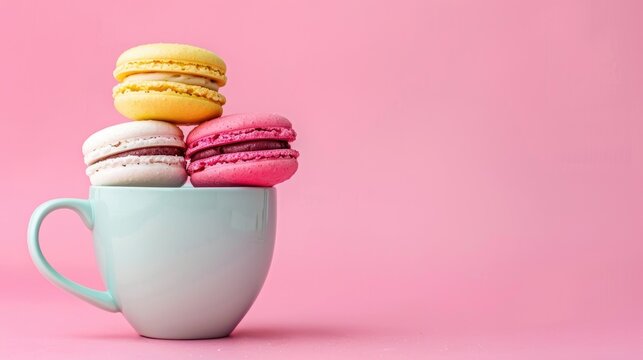 Vibrant macarons with cheerful cup on bright backdrop Romantic theme with room for text Dessert for coffee time representing love and bonds