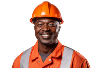 African public works worker smiling on transparent background. Subjects related to public works. Construction profession. Transparent background png cutouts. Job offer. Afro american man. Africa.