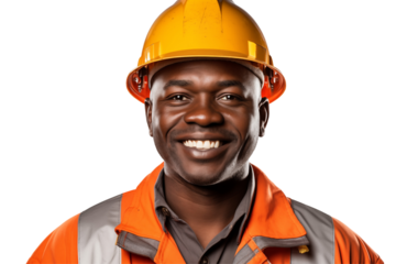 African public works worker smiling on transparent background. Subjects related to public works. Construction profession. Transparent background png cutouts. Job offer. Afro american man. Africa.