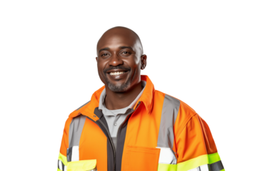 African public works worker smiling on transparent background. Subjects related to public works. Construction profession. Transparent background png cutouts. Job offer. Afro american man. Africa.