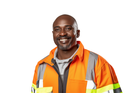 African public works worker smiling on transparent background. Subjects related to public works. Construction profession. Transparent background png cutouts. Job offer. Afro american man. Africa.