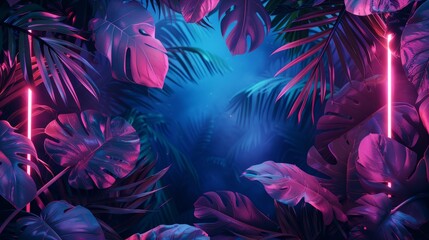An elegant illustration with a neon frame intertwined with lush tropical leaves, presenting a modern botanical theme.