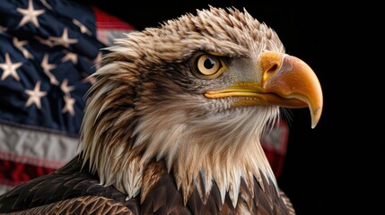 Obraz premium Patriotic Pride, Bald eagle with American flag backdrop, National Symbol