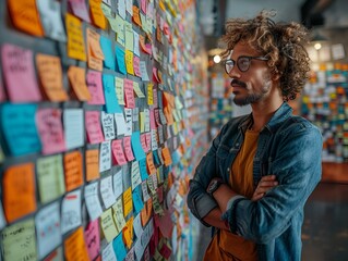 a man standing in front of a wall covered in sticky notes.