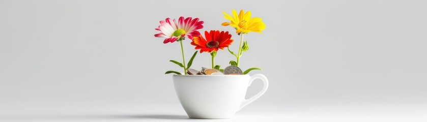 Colorful flowers sprouting from silver coins in a teacup, realistic background, depicting financial growth, isolated on a white background with copy space