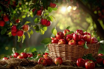 Orchard Harvest, Basket of red apples under apple tree with sunlight, Fresh Produce.