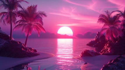 Fototapeta premium A symbolic 3D illustration of a neon frame forming the outline of a tropical paradise, with neon lights outlining the palm trees and sandy beaches. The neon lights symbolize the vibrant and lively