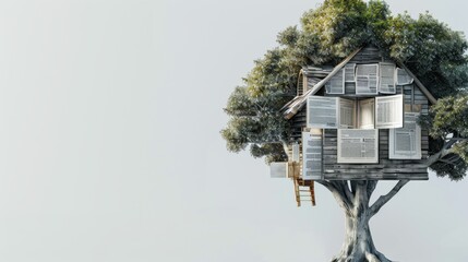 A treehouse built from financial documents, realistic background, depicting financial stability, isolated on a white background with ample copy space