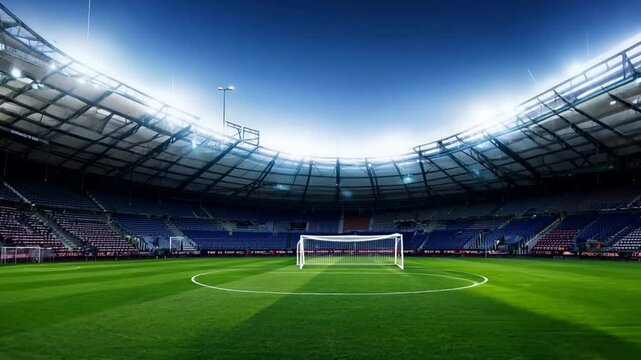 Football field with goal and stadium in zoomed out view.