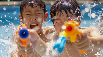 屋外プールで水鉄砲を使う日本の男の子たち