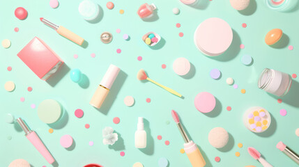 different beauty products scattered on a pastel background