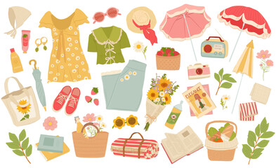 Set of summer picnic elements, things, clothes and essentials