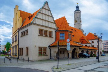 Town hall tower, ancient merchant guildhall and court of law building in Lwowek Slaski, Poland