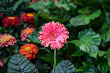 A pink and lime green gerbera daisy with bright red petals in the center, growing among other colorful flowers
