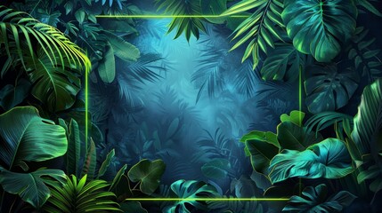 In this illustration, a neon frame encloses a tropical rainforest, with neon accents adding a modern and artistic flair to the lush greenery and leaves.