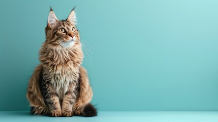 A cute Norwegian Forest cat relaxing sitting on a baby blue background with space above for text