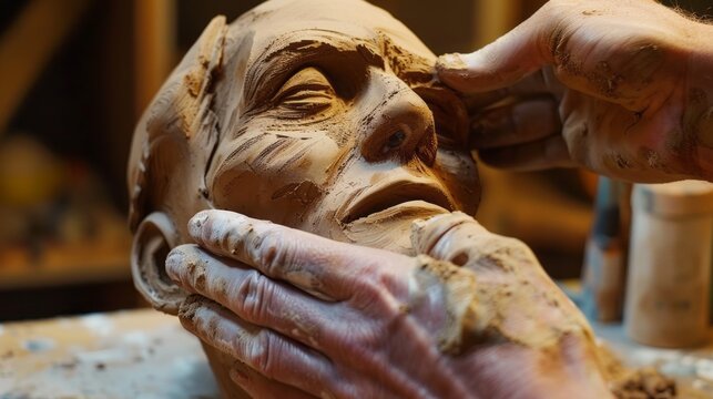 A man is sculpting a clay head