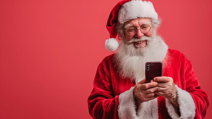 Santa Claus with a smartphone connected to social media at Christmas