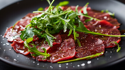 Elegant beef carpaccio paired with fresh arugula elegantly presented on a black plate