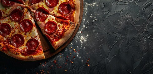 A delicious pepperoni pizza cut into slices against a dark background, perfect for a web banner with copyspace on the right. This image captures the mouthwatering appeal of classic Italian cuisine.