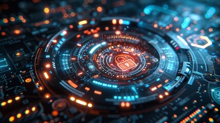 Futuristic Cybersecurity Interface with Digital Lock - Generative AI