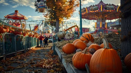 Local fair in the fall, with rides, games, and pumpkin displays, a community coming together to celebrate the season.