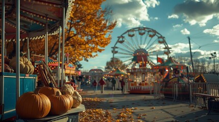 Local fair in the fall, with rides, games, and pumpkin displays, a community coming together to celebrate the season.