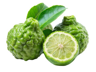 Obraz premium Fresh Kaffir Lime with Leaves Isolated on White Background, kaffir lime, bergamot, citrus, ingredient , herb