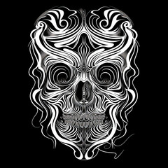 Vector t-shirt design of an intricate skull face made from swirling lines, vector art, symmetrical, on a black background