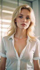 A blonde woman with long, wavy hair is wearing a white blouse with buttons and short sleeves