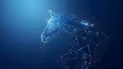 A hologram of a horse. A horse made up of polygons, triangles, points, and lines. Horse low-poly compound structure. The technology concept.