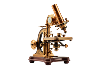 Time Travelling Discoveries: An Old-Fashioned Microscope With a Clock on White or PNG Transparent Background.