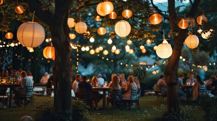 Summer garden party at twilight, lanterns hanging from trees and guests enjoying the warm night air.