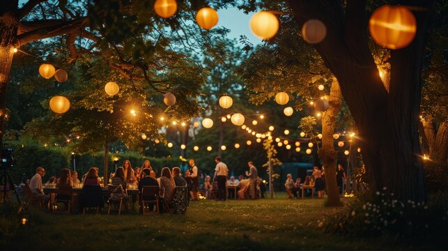 Summer garden party at twilight, lanterns hanging from trees and guests enjoying the warm night air.