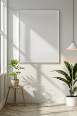 シンプルなリビングのインテリア、額縁のモックアップ