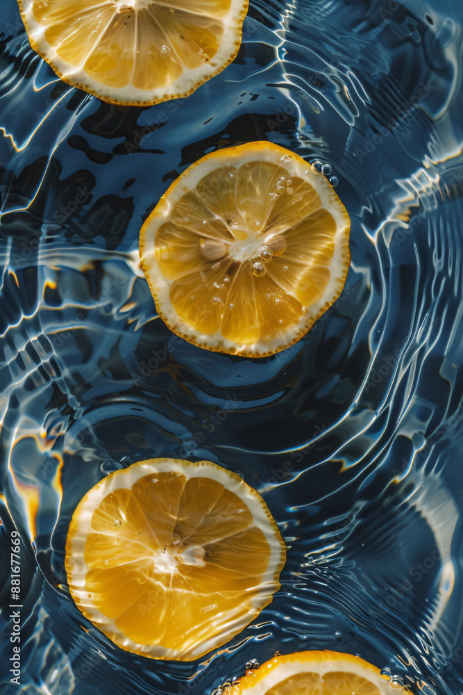 Poster top view of lemon slices in water with ripples, summer concept. the image depicts lemon slices float