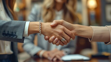 Business handshake in office with blurred background..
