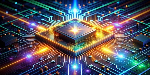 Naklejka premium Vibrant glowing circuits and abstract lights surround a central semiconductor chip, radiating a mesmerizing futuristic aura in a dark background of intricate electronic pathways.